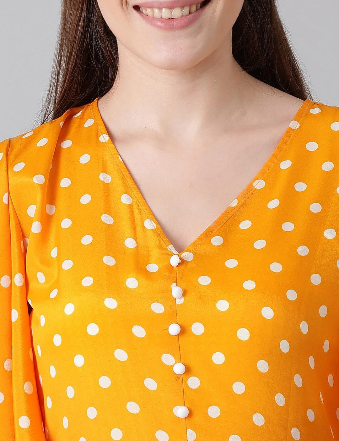 Kotty Yellow & White Polka Dots Printed Flared Sleeves A-Line Midi Dress