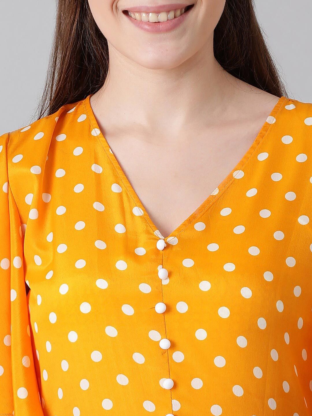 Kotty Yellow & White Polka Dots Printed Flared Sleeves A-Line Midi Dress