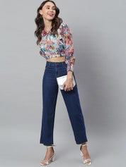 Kotty Women Blue Solid Cotton High Rise Crop Flared Jeans