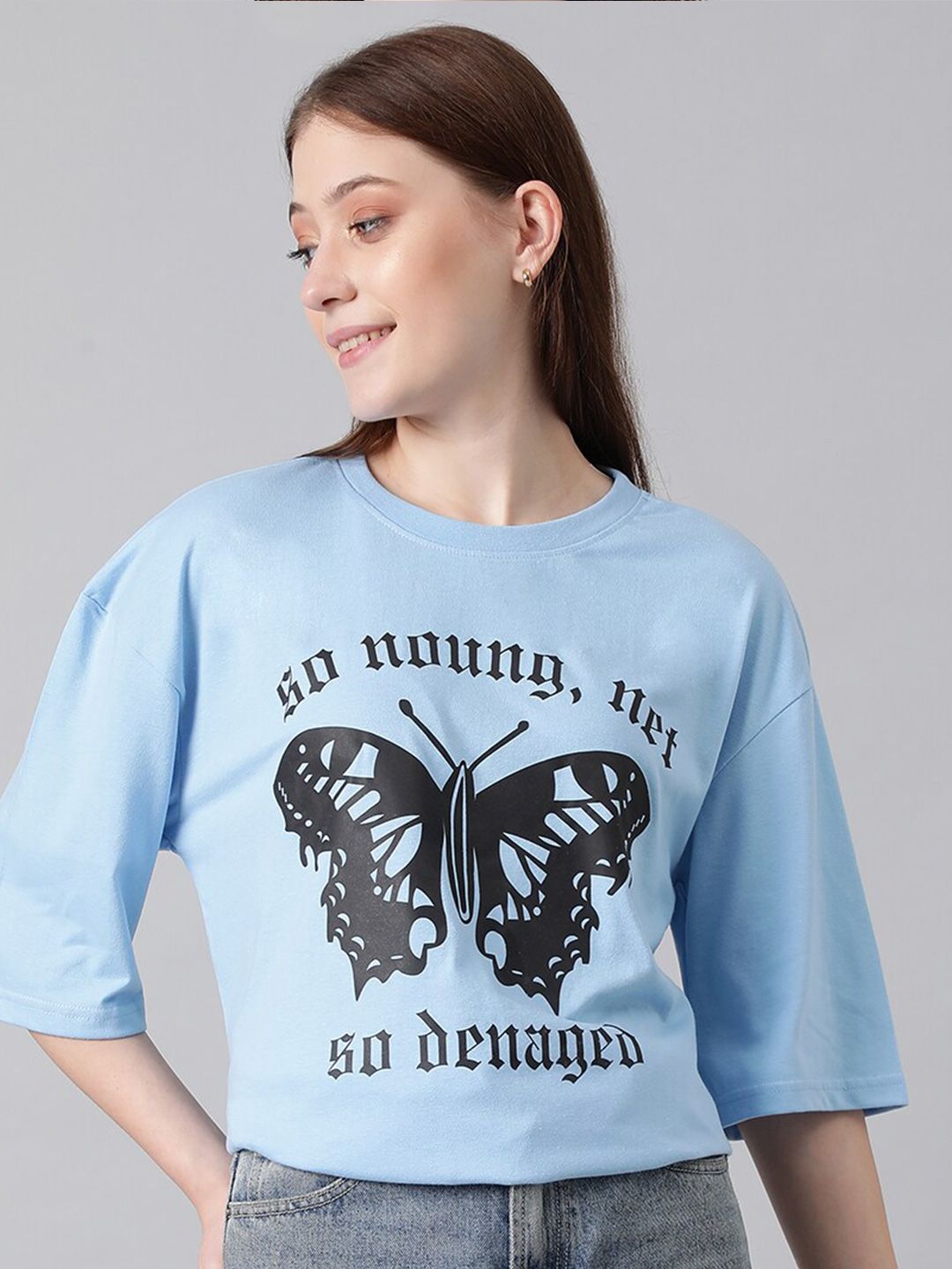 KOTTY Basics Typography Printed Drop-Shoulder Sleeves Oversized T-shirt