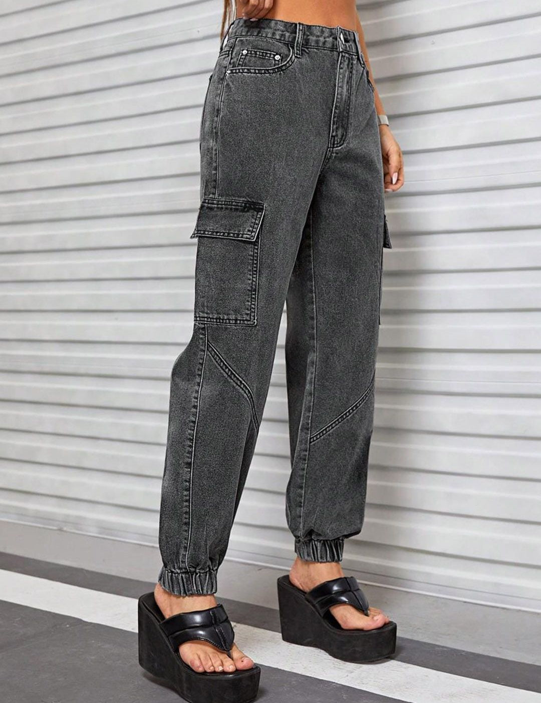 Kotty Women Jean High-Rise Light Fade Stretchable Cargo Jogger