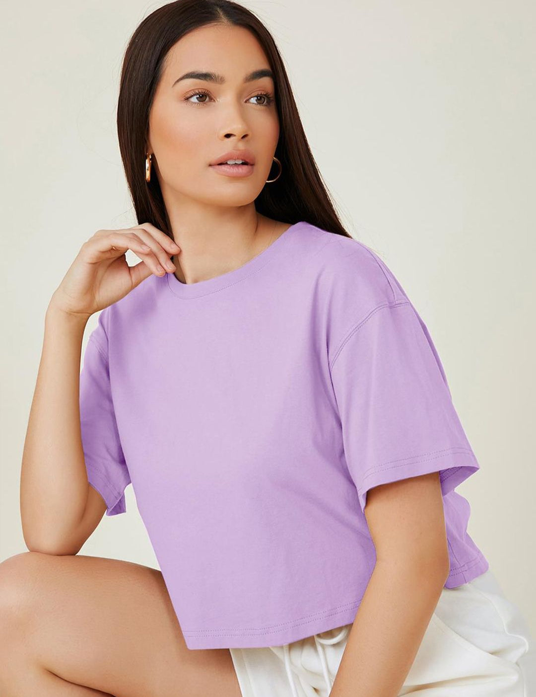 KOTTY Basics Purple Round Neck Drop-Shoulder Sleeves Crop Oversized T-shirt