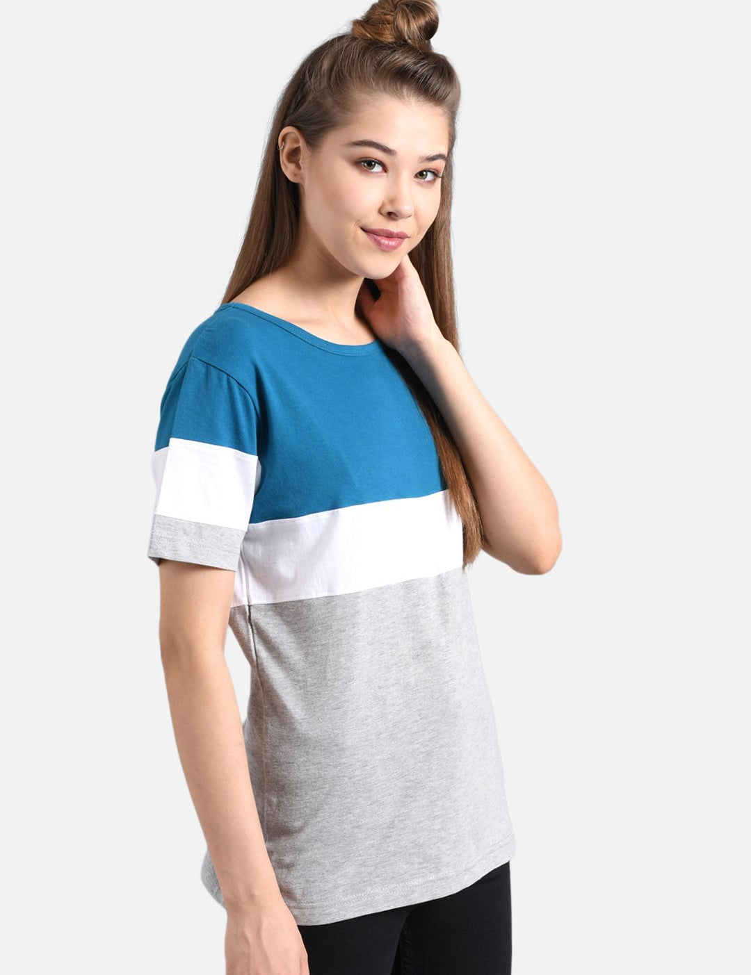 Kotty Women Blue Colourblocked Round Neck T-shirt