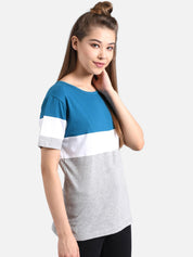 Kotty Women Blue Colourblocked Round Neck T-shirt