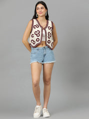 Kotty Floral Self Design Crochet V-Neck Crop Top