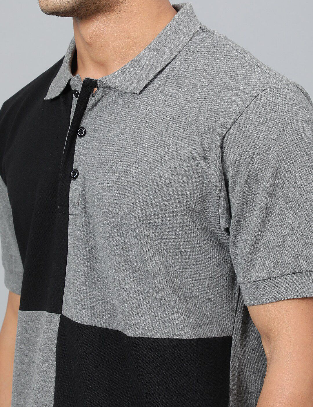 Kotty Grey & Black Colourblocked Polo Collar T-shirt
