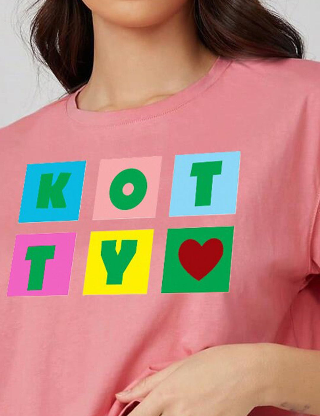 Kotty Pink Printed Round Neck Drop-Shoulder Sleeves Crop Oversized T-shirt