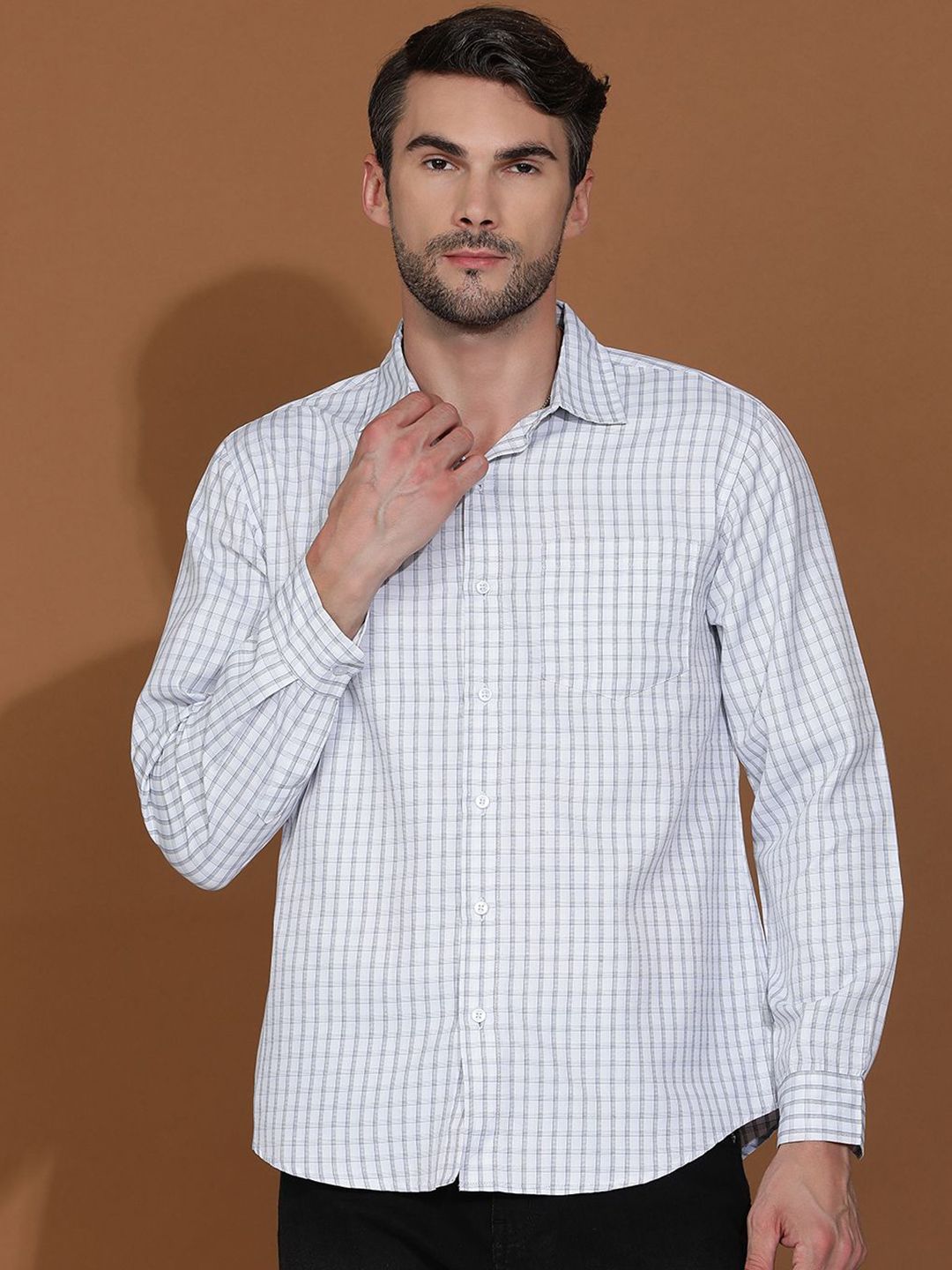 Kotty New Grid Tattersall Checks Spread Collar Casual Shirt