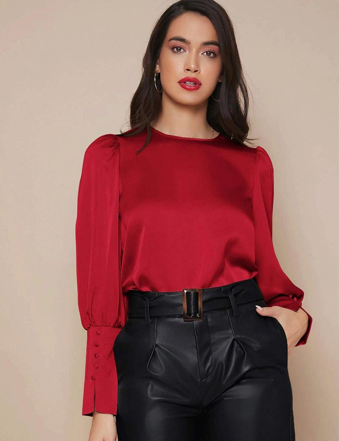 Kotty Red Puff Sleeves Satin Top