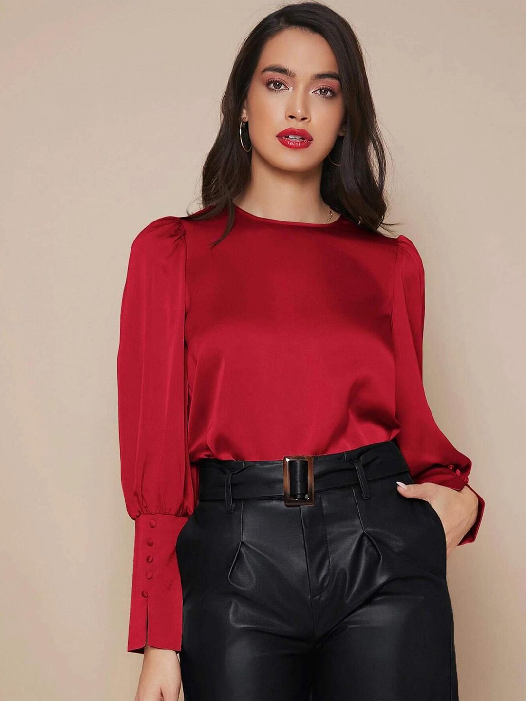 Kotty Red Puff Sleeves Satin Top