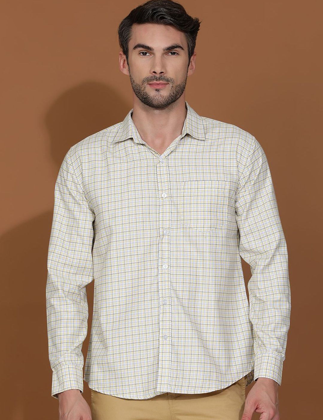 Kotty White & Yellow New Grid Tattersall Checks Spread Collar Casual Shirt