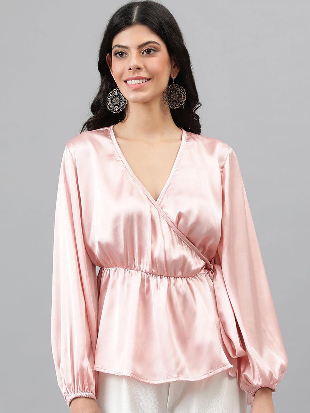 Kotty Pink Cuffed Sleeve Satin Wrap Waist Top
