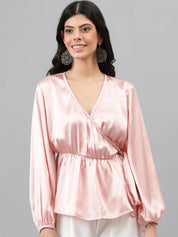 Kotty Pink Cuffed Sleeve Satin Wrap Waist Top