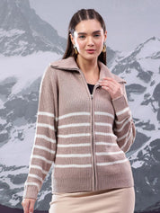 Kotty Women Striped Shirt Collar Cardigan Sweater with Zip Detail 