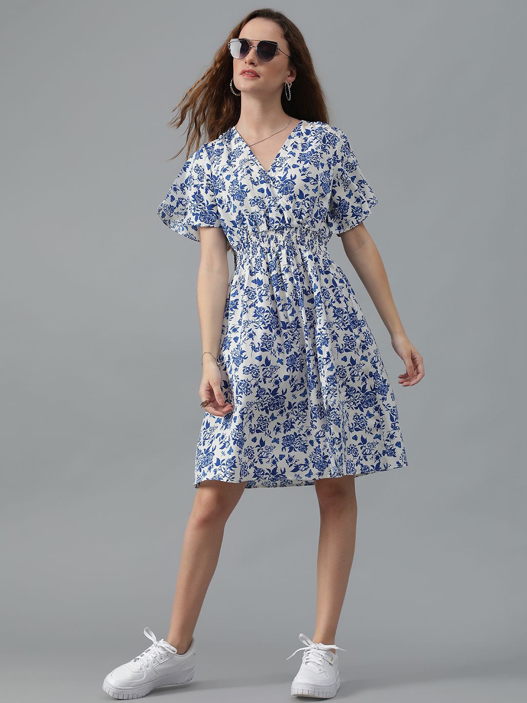 Kotty Blue Floral Printed Flared Sleeve Fit & Flare Dress
