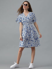 Kotty Blue Floral Printed Flared Sleeve Fit & Flare Dress