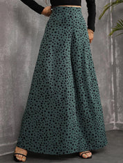 Kotty Women Green Printed Relaxed Flared High-Rise Easy Wash Trousers
