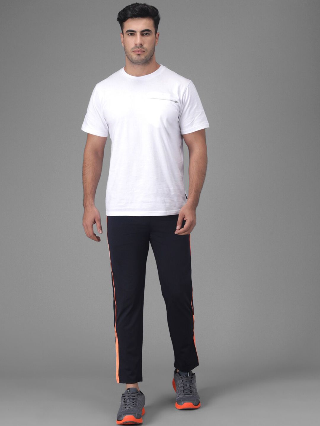 Kotty Men Navy Blue & Orange Striped Slim-Fit Track Pants