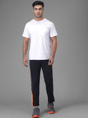 Kotty Men Navy Blue & Orange Striped Slim-Fit Track Pants