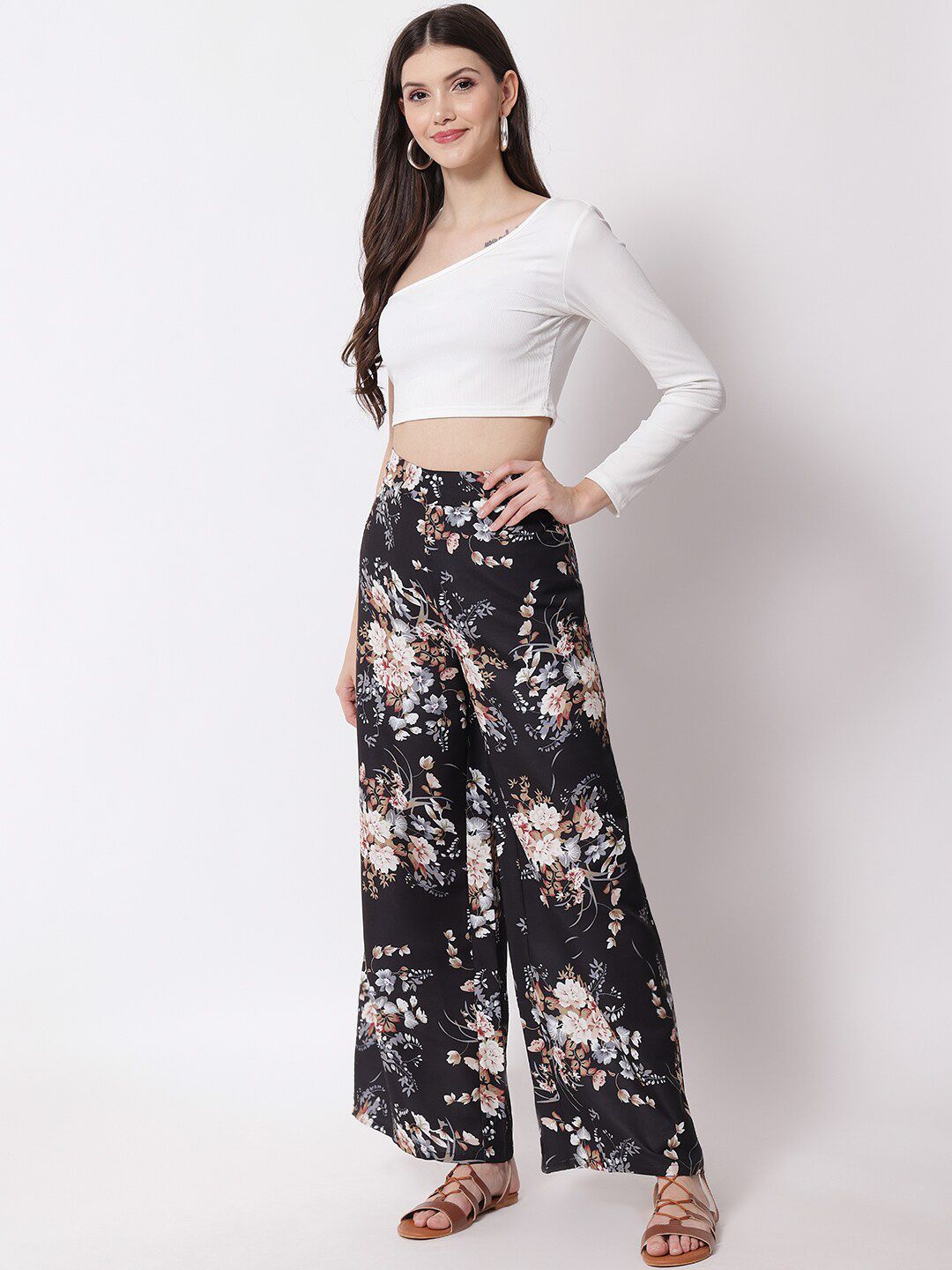 Kotty Women Black Floral Printed Relaxed Flared High-Rise Easy Wash Trousers
