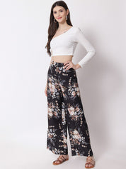 Kotty Women Black Floral Printed Relaxed Flared High-Rise Easy Wash Trousers