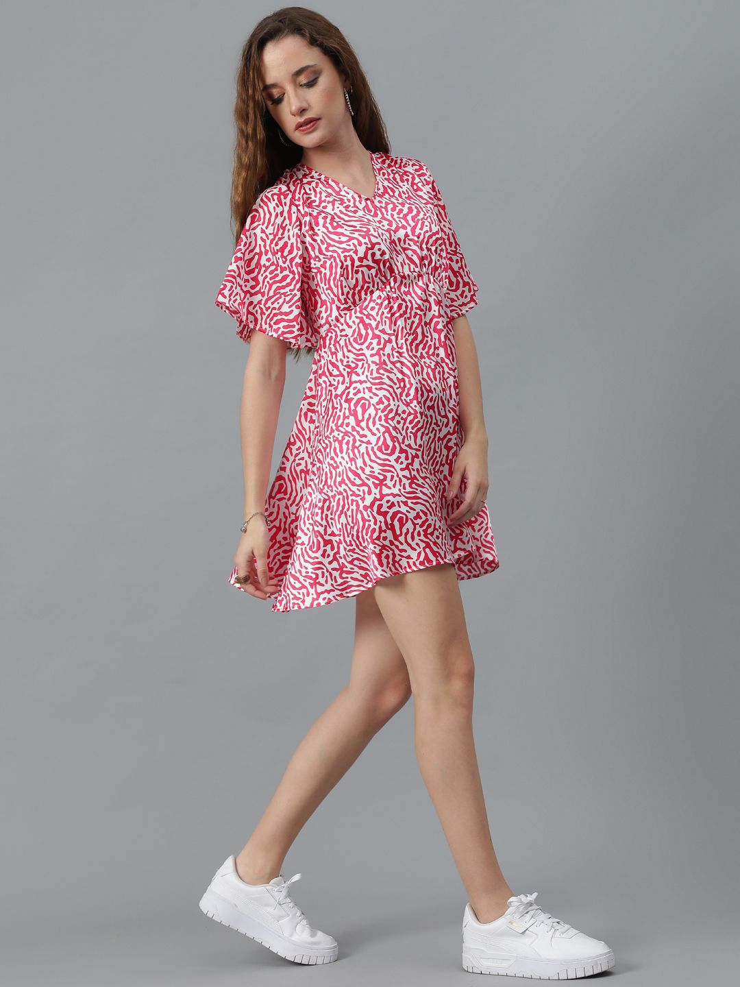 Kotty Red bstract Printed Flared Sleeves Satin A-Line Mini Dress
