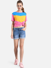 Kotty Women Pink & Yellow Colourblocked Round Neck T-shirt