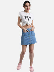Kotty Women Blue Solid Denim Mini A-Line Skirt