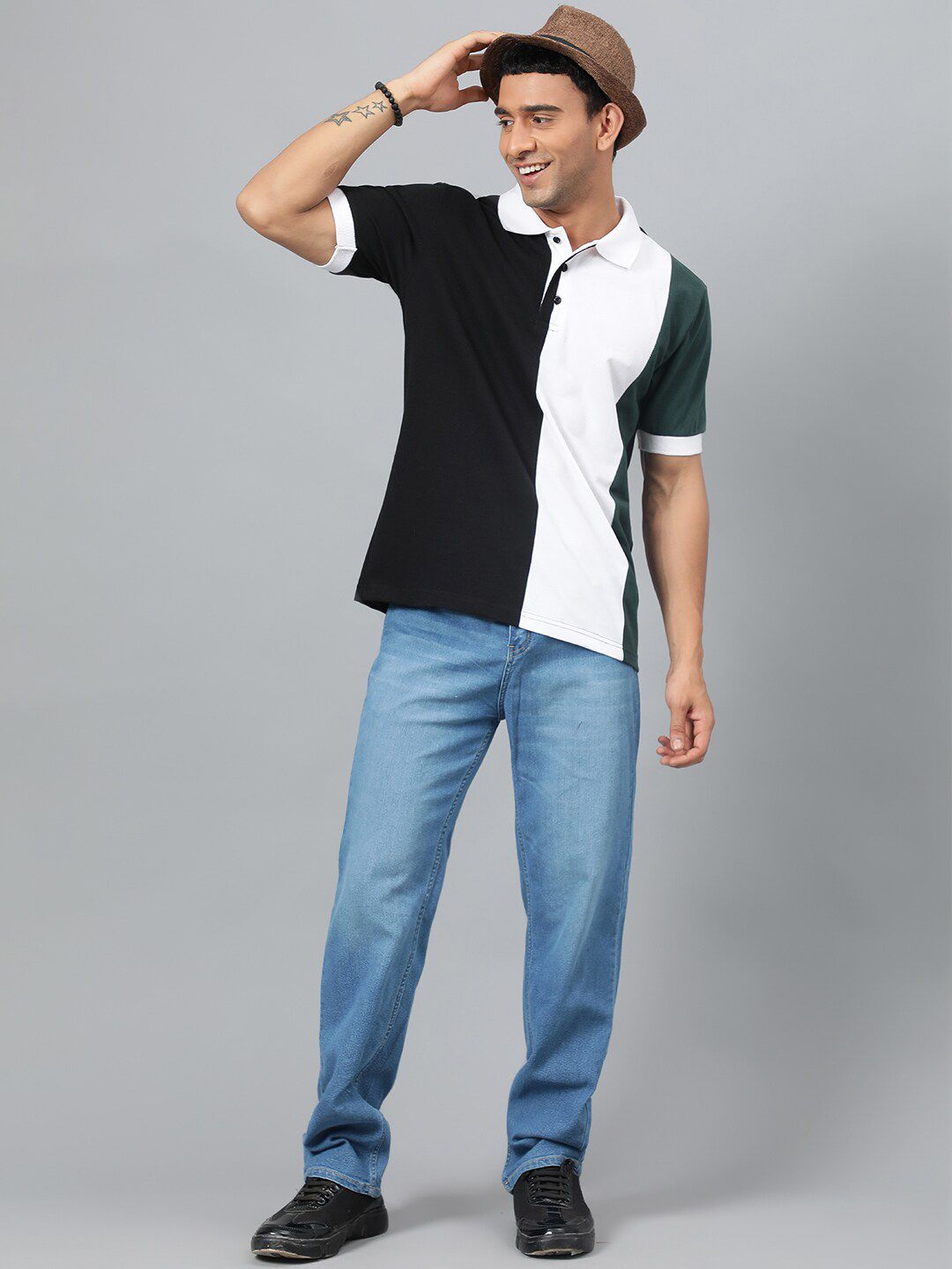Kotty Black & White Colourblocked Polo Collar Cotton T-shirt