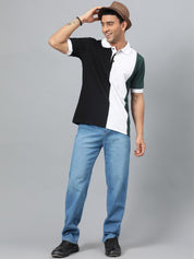 Kotty Black & White Colourblocked Polo Collar Cotton T-shirt