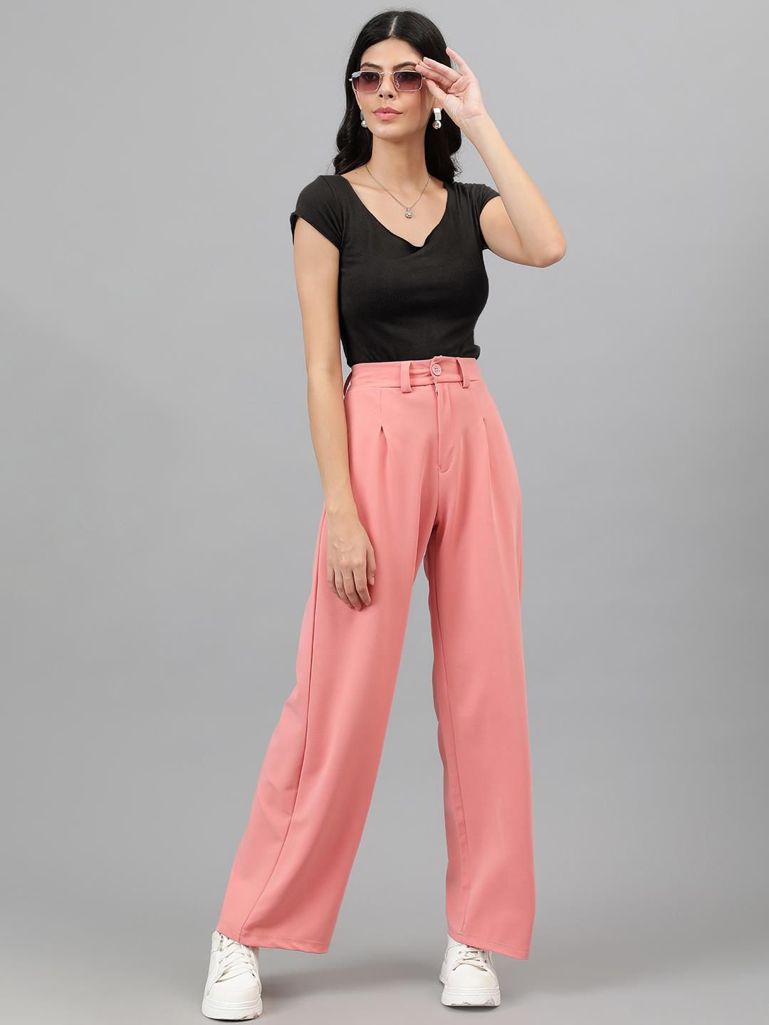 KOTTY BIZwear Women Baby Pink Relaxed Straight Leg High-Rise Easy Wash Pleated Trousers
