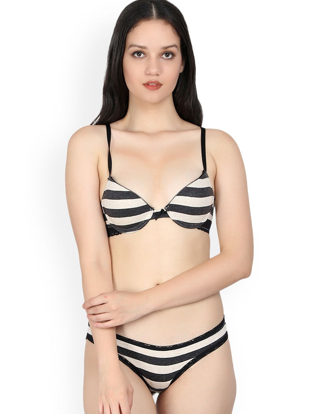 Kotty Women Black & White Striped Lingerie Set