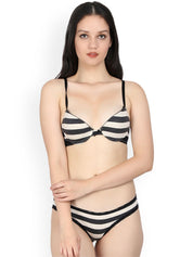 Kotty Women Black & White Striped Lingerie Set