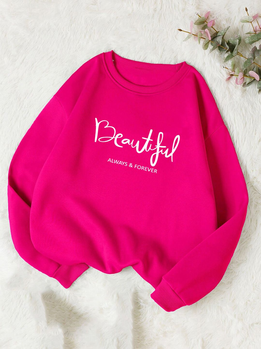 Kotty Typography Printed Round Neck Fleece Pullover