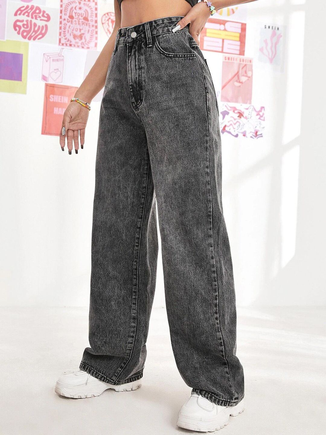 Kotty Women Jean Wide Leg High-Rise Heavy Fade Stretchable Cotton Lycra Blend Jeans