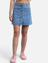 Kotty Women Blue Solid Denim Mini A-Line Skirt