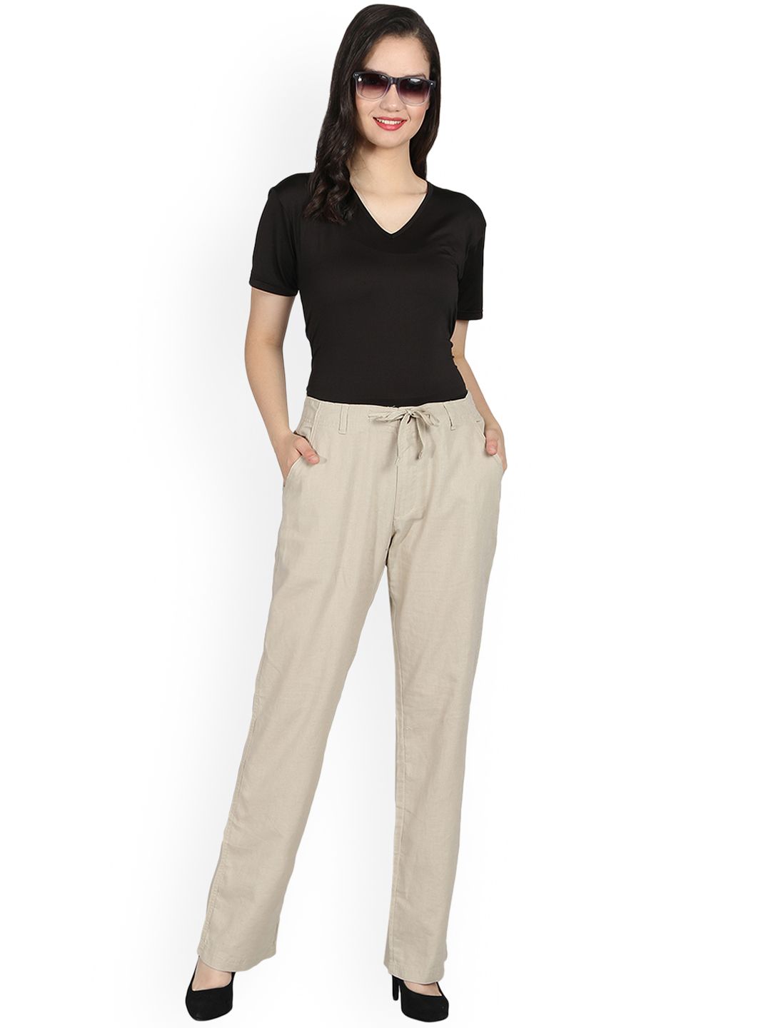 Kotty Women Beige Regular Fit Solid Linen Regular Trousers
