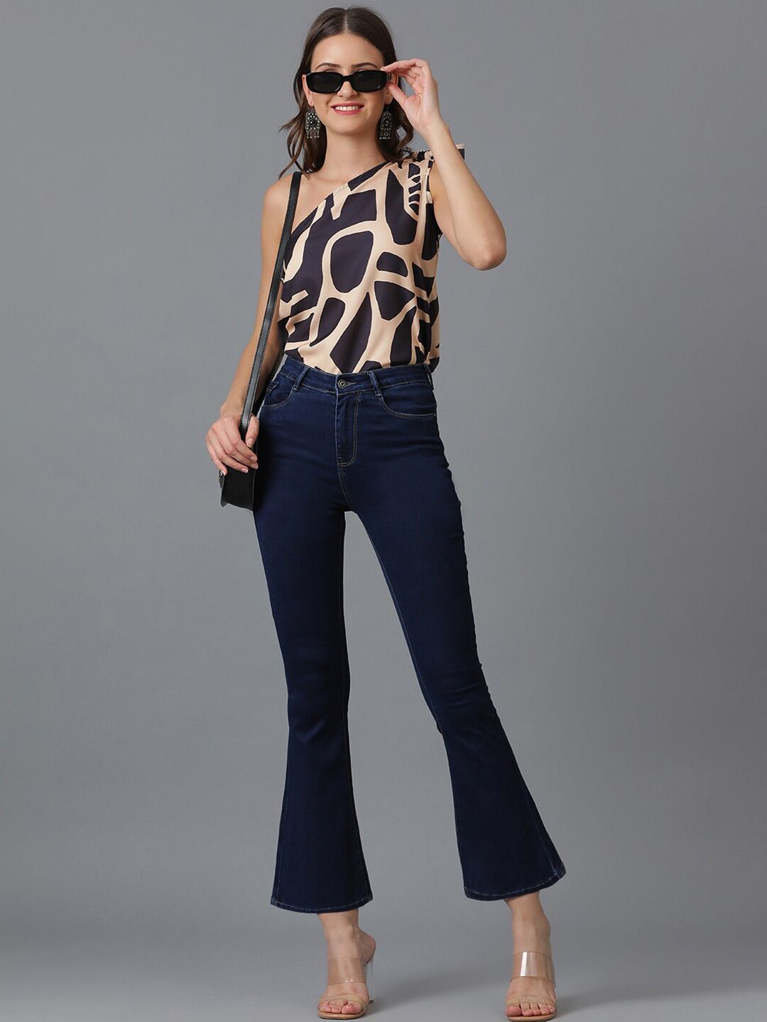 Kotty Black Abstract Printed One Shoulder Crepe Top