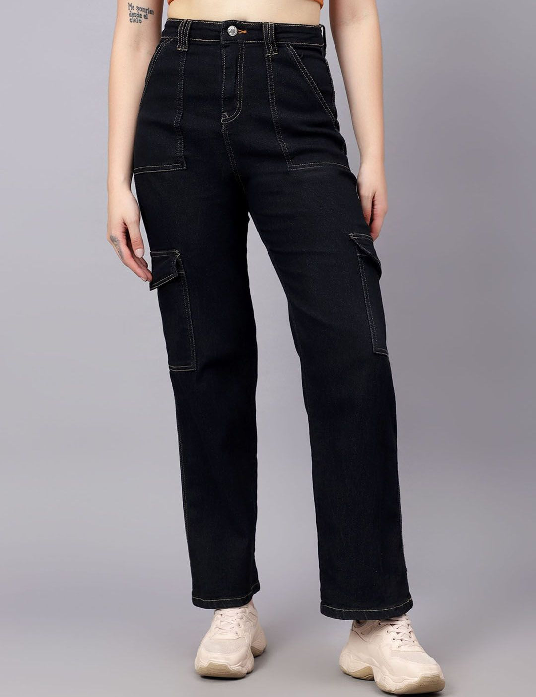 KOTTY Basics Women Straight Fit High-Rise Mildly Distressed Stretchable Cargo Styles Jeans