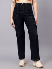 KOTTY Basics Women Straight Fit High-Rise Mildly Distressed Stretchable Cargo Styles Jeans