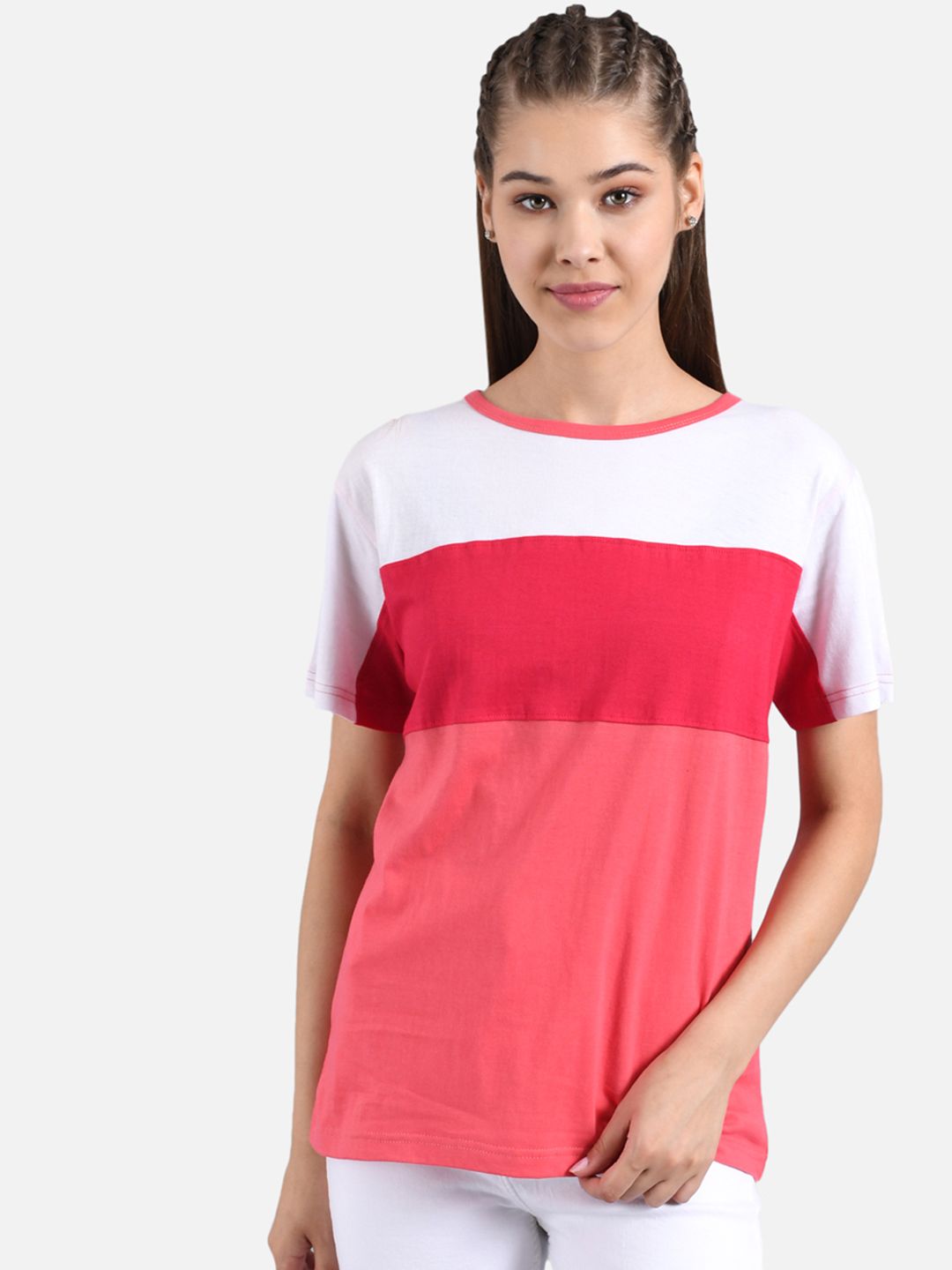 Kotty Women Pink & White Colourblocked Round Neck T-shirt