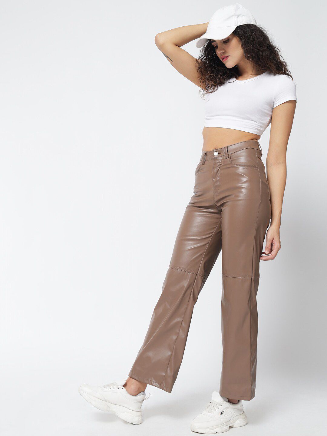 Kotty Women Brown Relaxed Straight Fit PU Leather Parallel Trousers