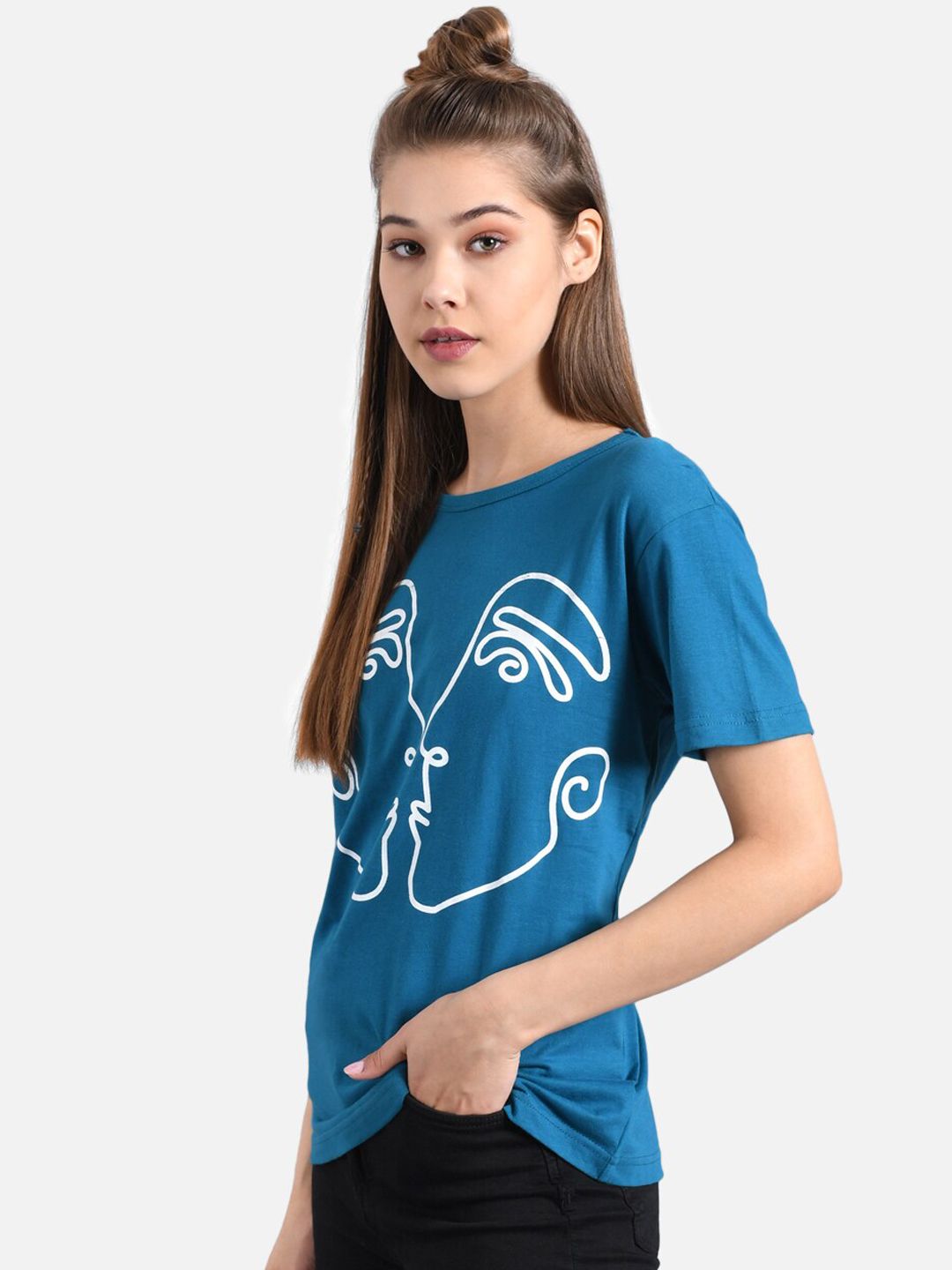 Kotty Women Blue Printed Round Neck T-shirt