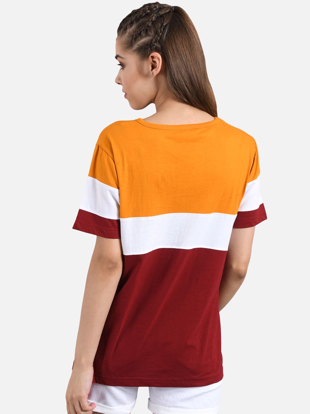 Kotty Women Orange & Maroon Colourblocked Round Neck T-shirt