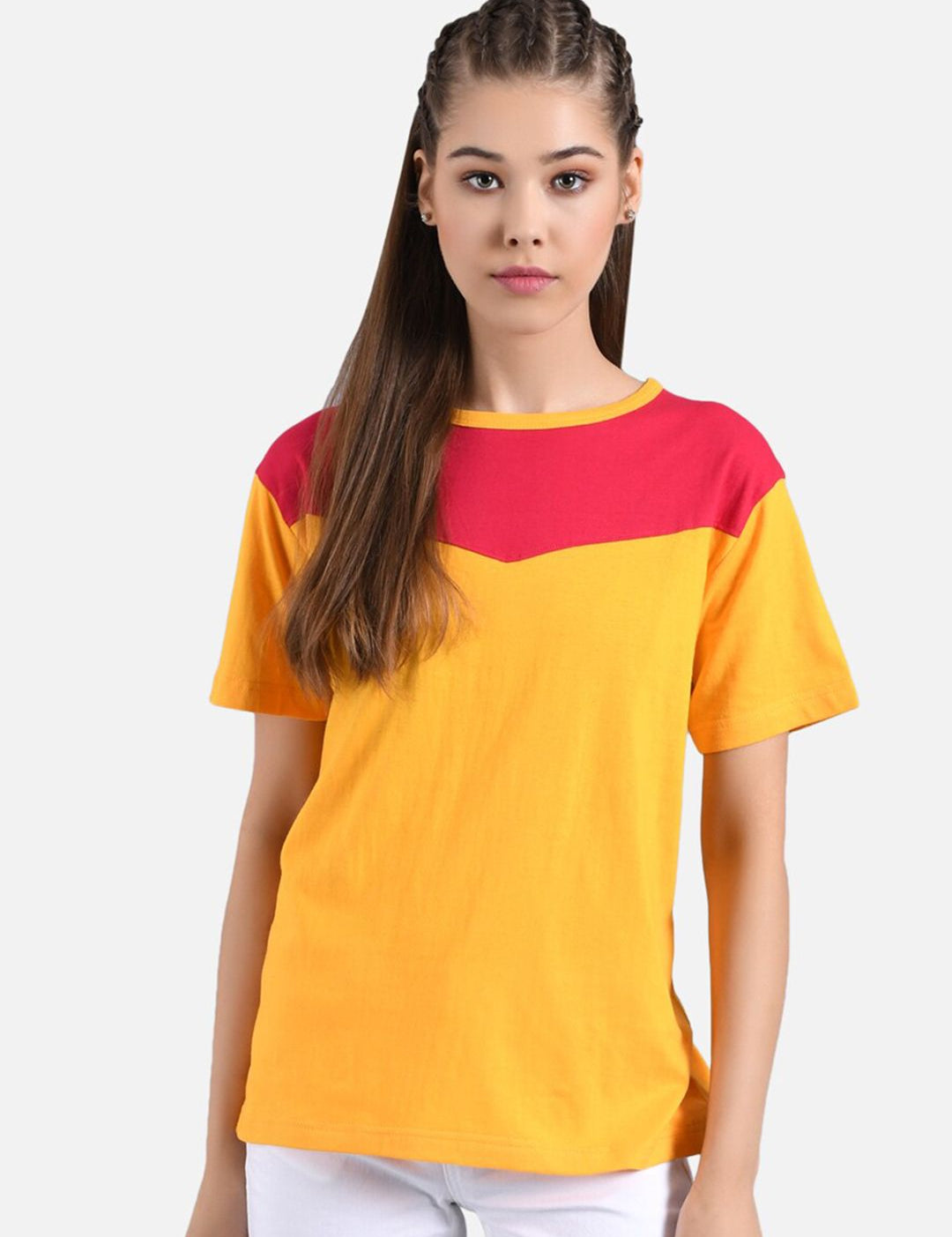 Kotty Women Pink & Yellow Pack of 2 Colourblocked Round Neck Tshirts