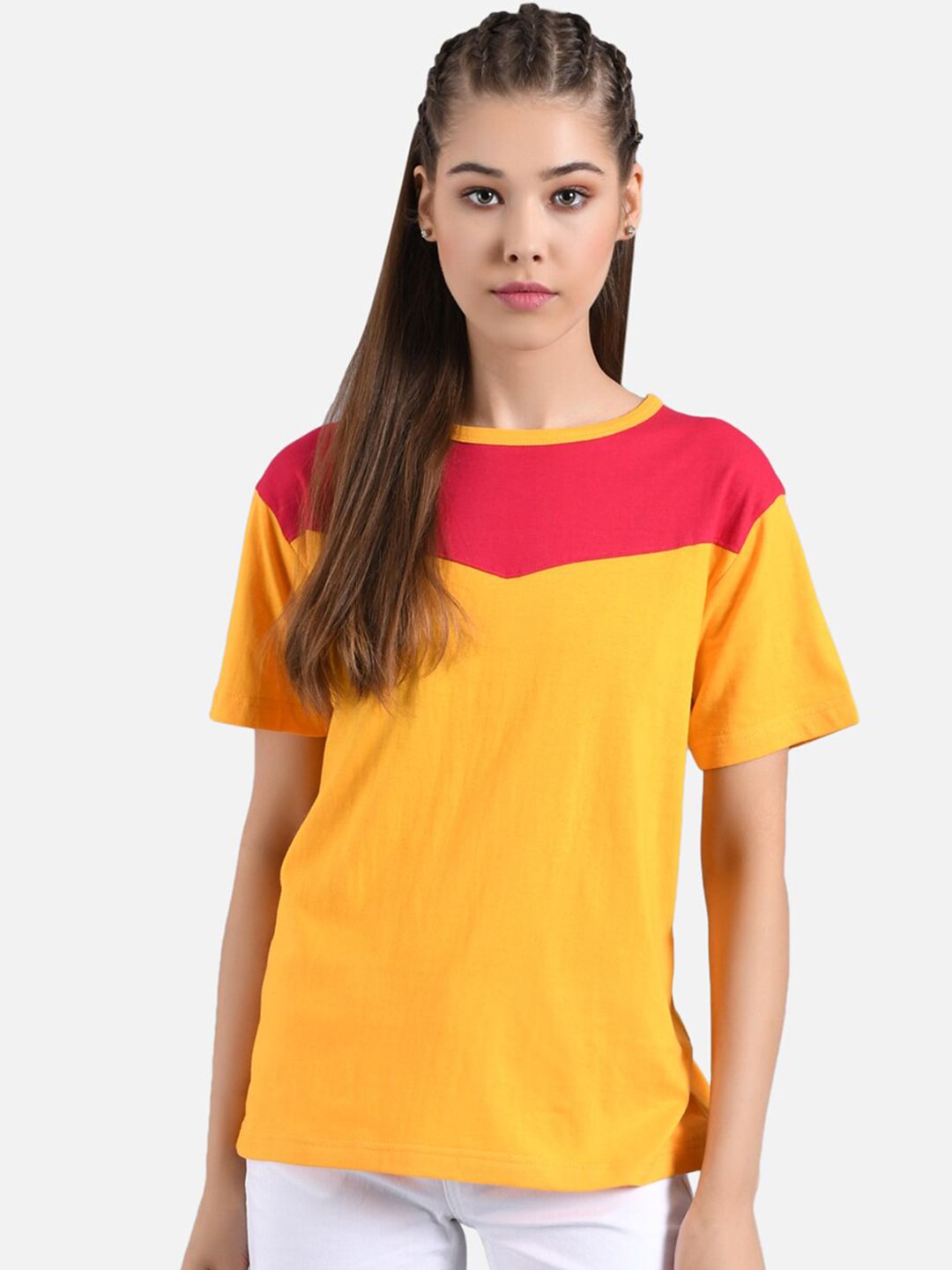 Kotty Women Pink & Yellow Pack of 2 Colourblocked Round Neck Tshirts