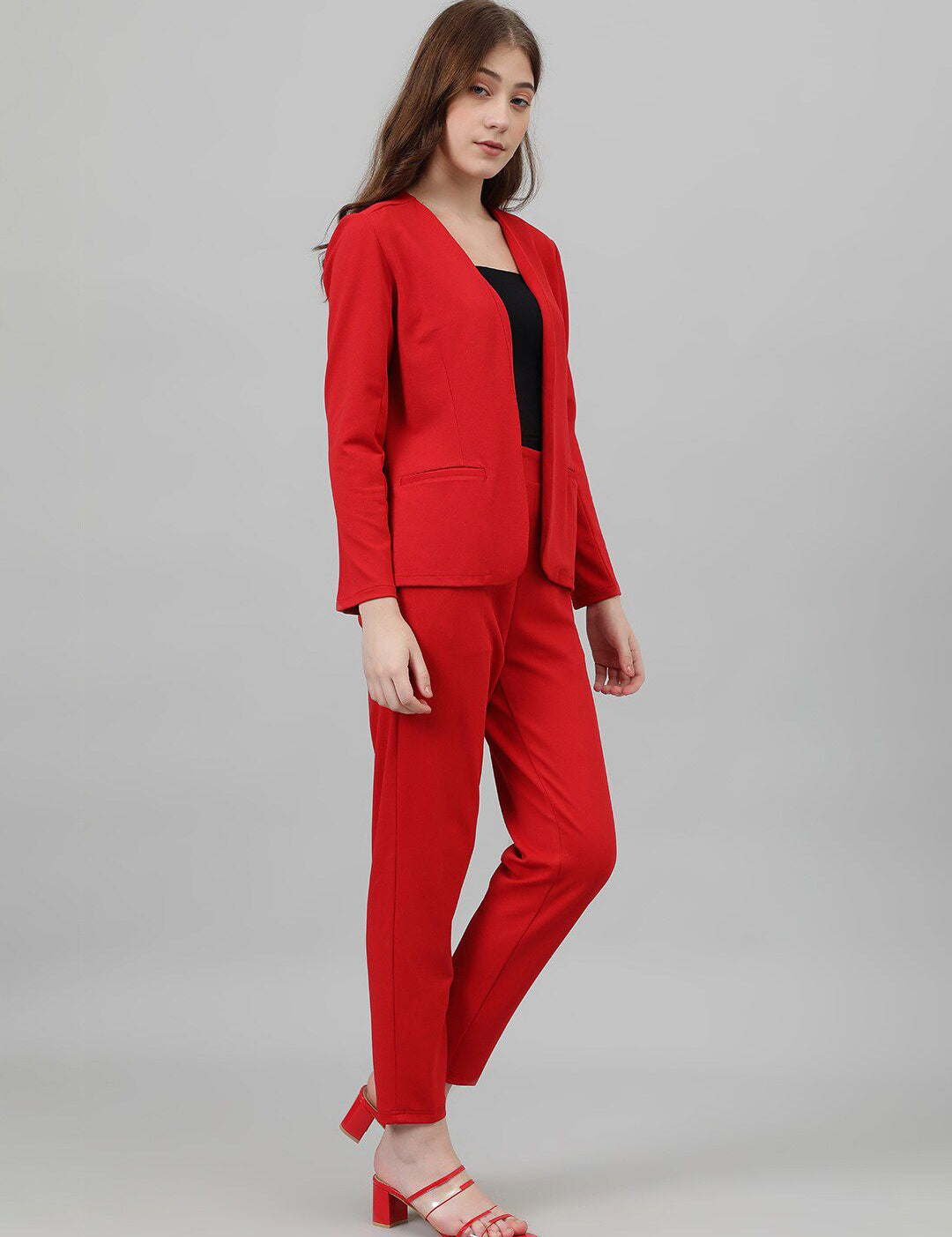 Kotty Red Collarless Long Sleeves Blazer With Trousers