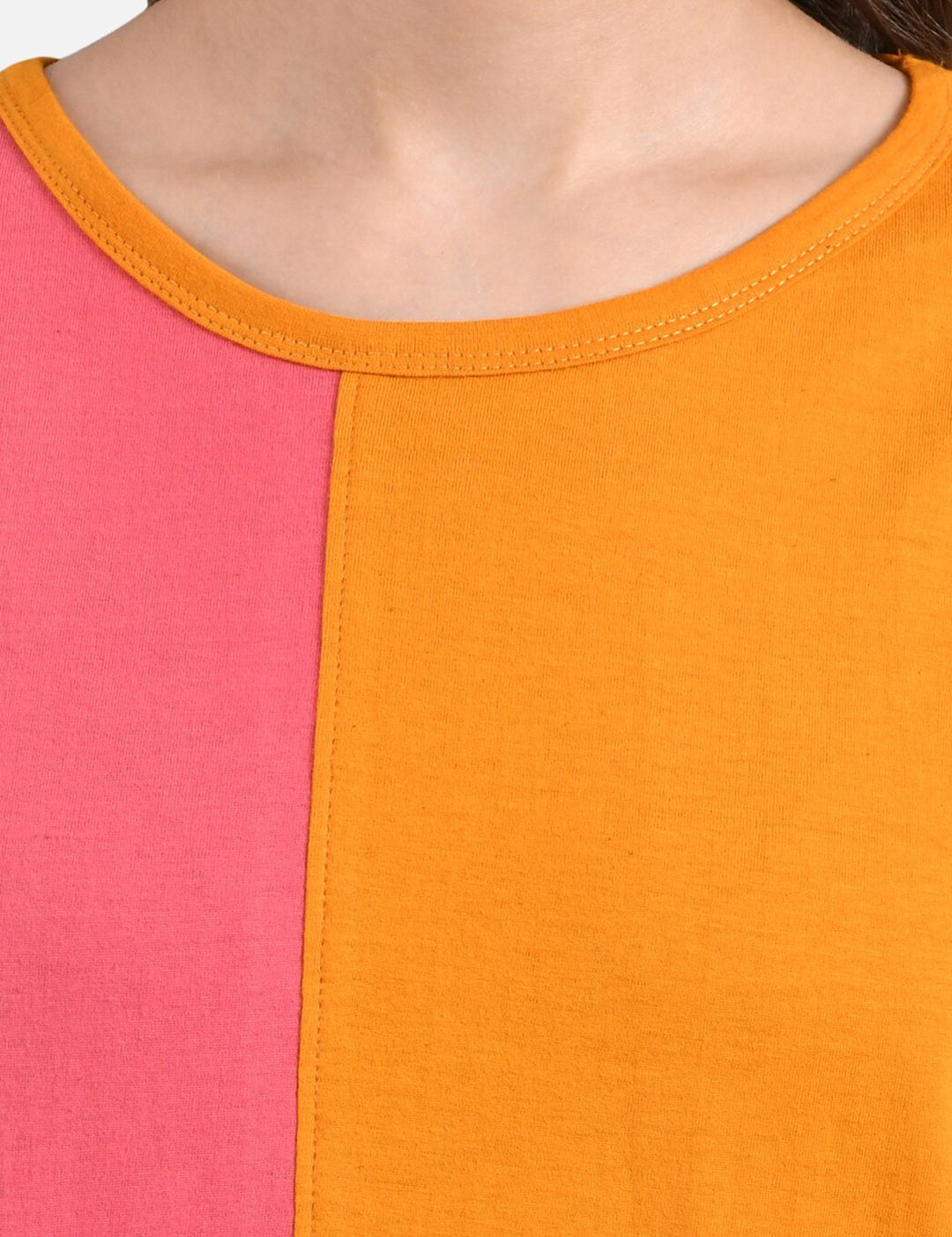 Kotty Women Orange & Pink Colourblocked Round Neck T-shirt
