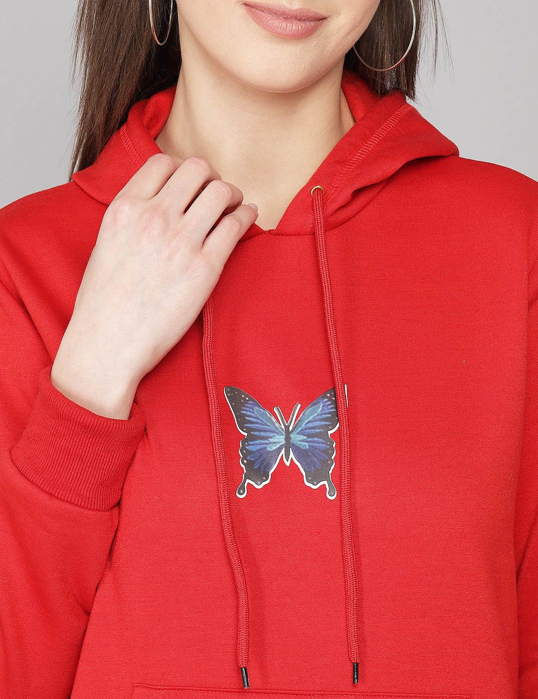 Kotty Women Red Printed Hooded Fleece Sweatshirt