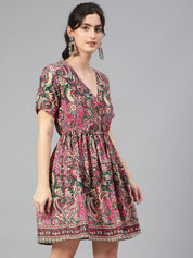 Kotty Ethnic Motifs Printed V-Neck Gathered or Pleated Crepe Wrap Dress